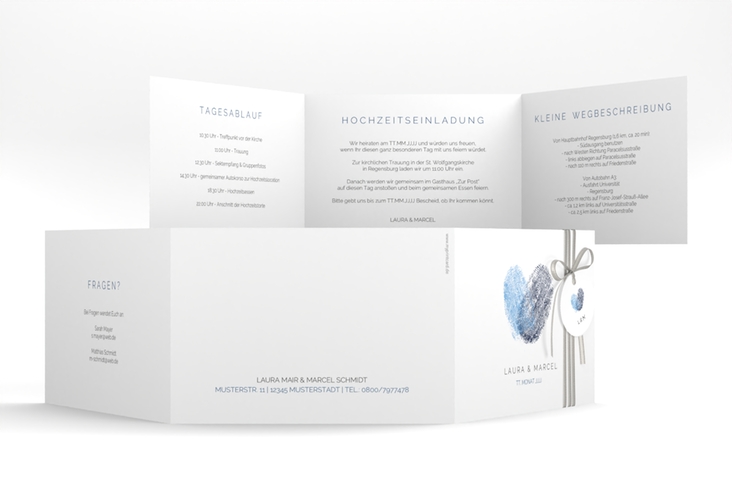 Hochzeitseinladung Fingerprint A6 Doppel-Klappkarte blau hochglanz schlicht mit Fingerabdruck-Motiv