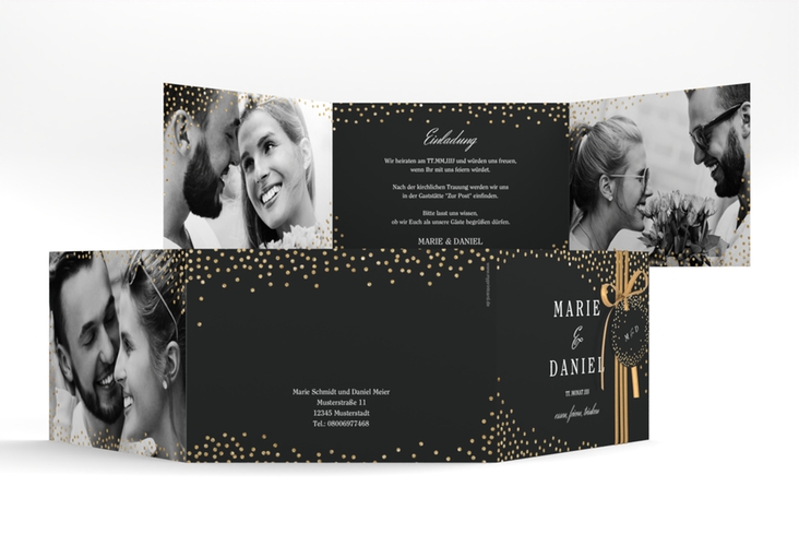 Hochzeitseinladung Glitter A6 Doppel-Klappkarte schwarz hochglanz
