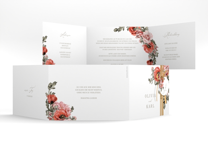 Hochzeitseinladung Grazioso A6 Doppel-Klappkarte weiss hochglanz modern mit Mohnblumen und Rosen