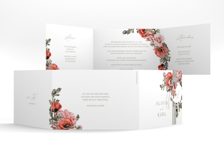 Hochzeitseinladung Grazioso A6 Doppel-Klappkarte weiss hochglanz modern mit Mohnblumen und Rosen