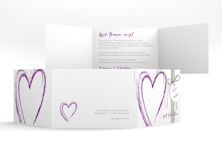 Hochzeitseinladung Liebe A6 Doppel-Klappkarte lila hochglanz