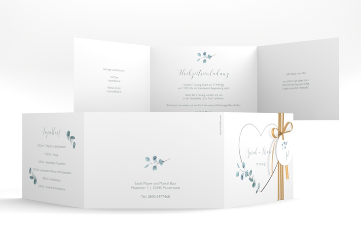 Hochzeitseinladung Greenheart A6 Doppel-Klappkarte grau hochglanz mit elegantem Herz und Eukalyptus-Zweig