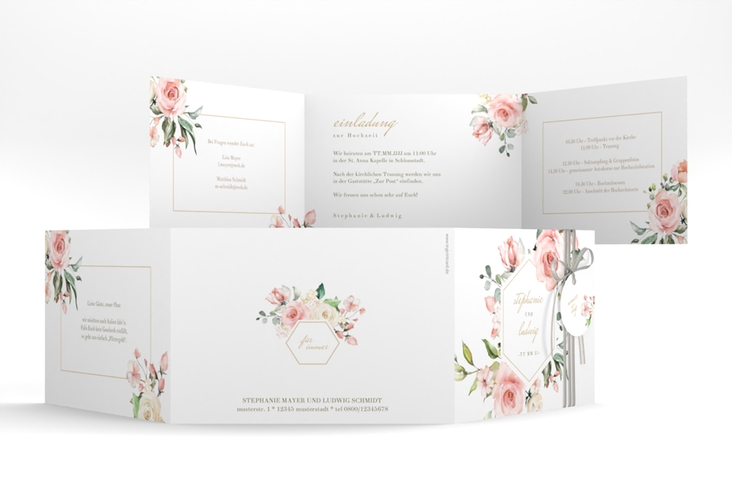 Hochzeitseinladung Graceful A6 Doppel-Klappkarte weiss hochglanz mit Rosenblüten in Rosa und Weiß
