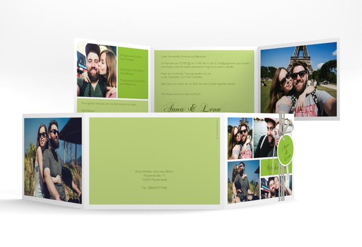 Hochzeitseinladung Collage A6 Doppel-Klappkarte gruen
