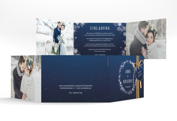 Hochzeitseinladung Winterdream A6 Doppel-Klappkarte blau mit Eisblumen