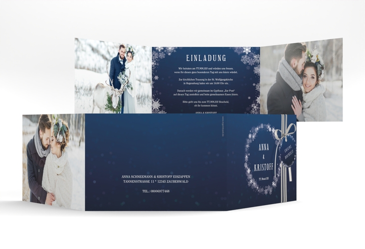 Hochzeitseinladung Winterdream A6 Doppel-Klappkarte blau mit Eisblumen