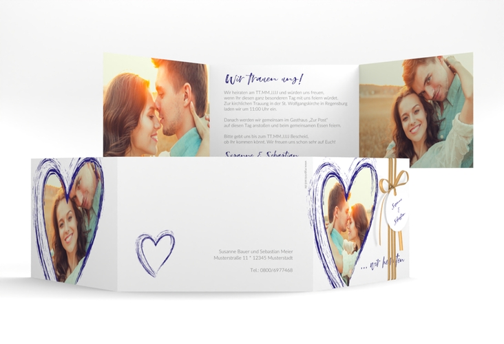 Hochzeitseinladung Liebe A6 Doppel-Klappkarte blau hochglanz