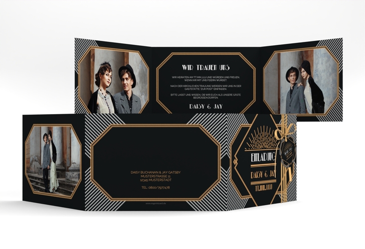 Hochzeitseinladung Gatsby A6 Doppel-Klappkarte schwarz im 20er-Jahre-Stil