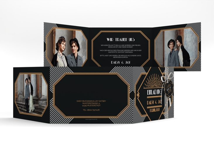 Hochzeitseinladung Gatsby A6 Doppel-Klappkarte schwarz im 20er-Jahre-Stil