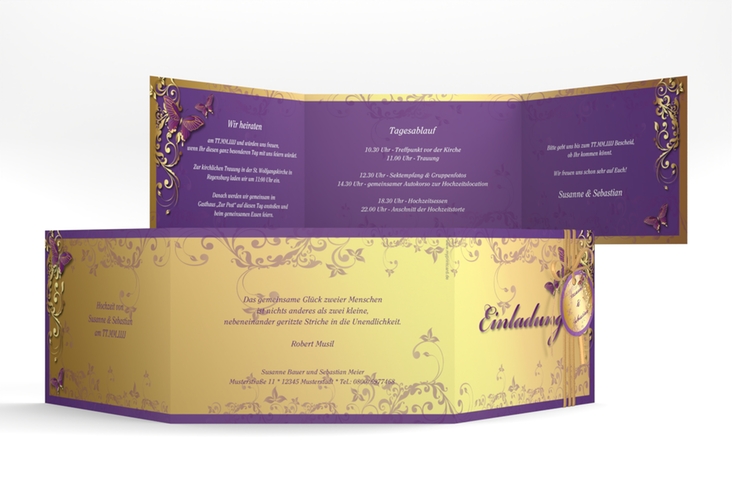 Hochzeitseinladung Toulouse A6 Doppel-Klappkarte lila hochglanz