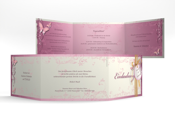 Hochzeitseinladung Toulouse A6 Doppel-Klappkarte rosa hochglanz
