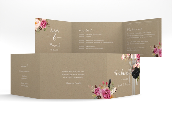 Hochzeitseinladung Flowers A6 Doppel-Klappkarte Kraftpapier hochglanz mit bunten Aquarell-Blumen