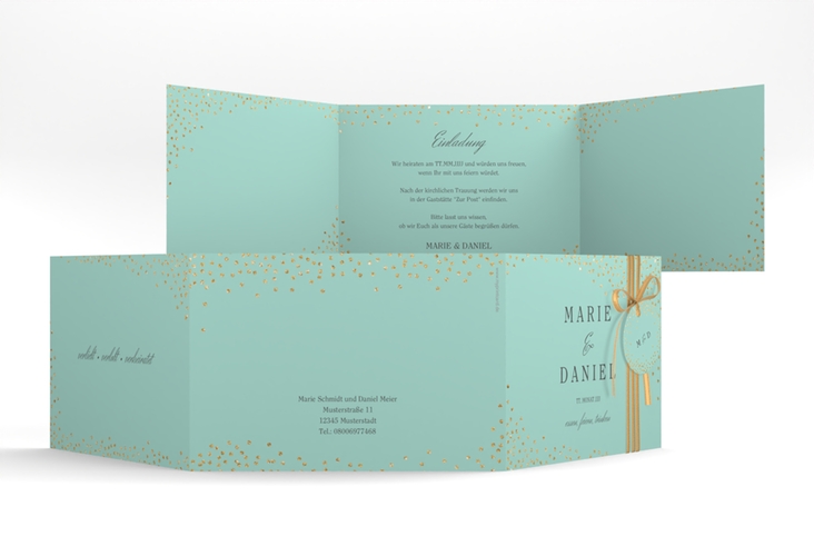 Hochzeitseinladung Glitter A6 Doppel-Klappkarte mint hochglanz