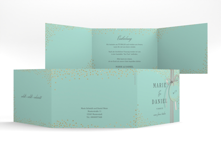 Hochzeitseinladung Glitter A6 Doppel-Klappkarte mint hochglanz