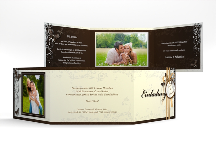 Hochzeitseinladung Toulouse A6 Doppel-Klappkarte braun hochglanz