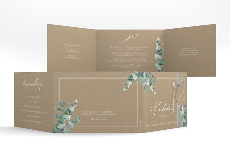 Hochzeitseinladung Eucalypt A6 Doppel-Klappkarte Kraftpapier hochglanz mit Eukalyptus und edlem Rahmen