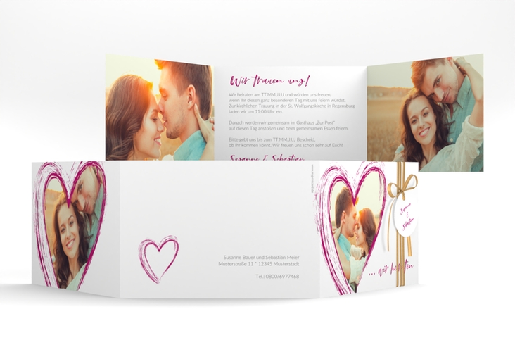 Hochzeitseinladung Liebe A6 Doppel-Klappkarte pink