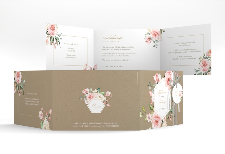 Hochzeitseinladung Graceful A6 Doppel-Klappkarte Kraftpapier hochglanz mit Rosenblüten in Rosa und Weiß