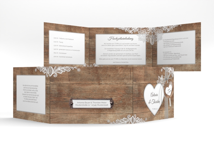 Hochzeitseinladung Spitze A6 Doppel-Klappkarte braun