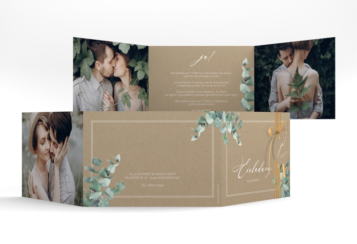 Hochzeitseinladung Eucalypt A6 Doppel-Klappkarte Kraftpapier hochglanz mit Eukalyptus und edlem Rahmen