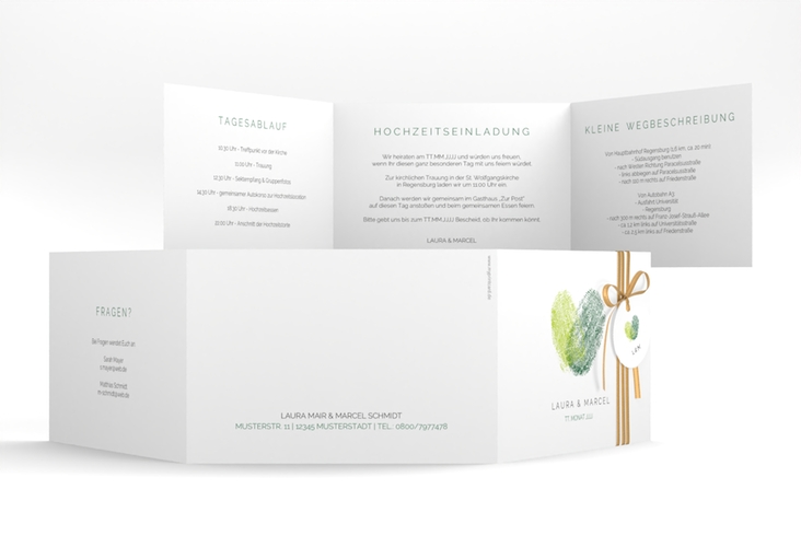 Hochzeitseinladung Fingerprint A6 Doppel-Klappkarte gruen hochglanz schlicht mit Fingerabdruck-Motiv