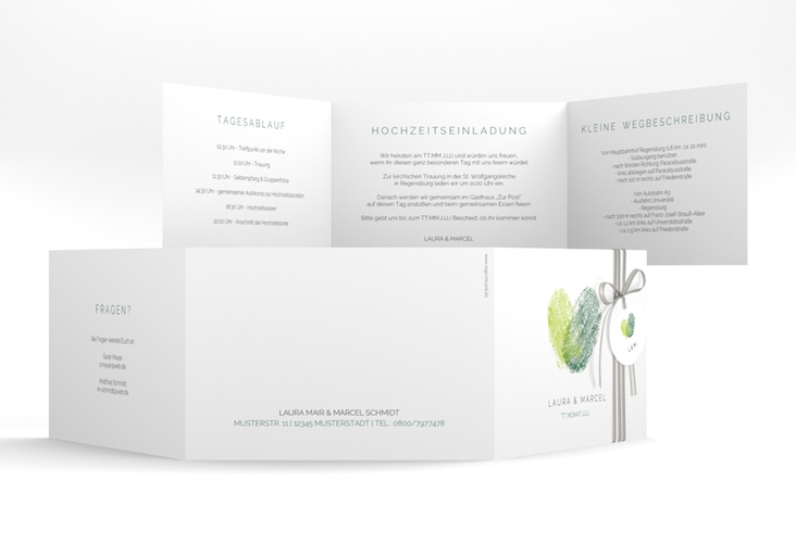 Hochzeitseinladung Fingerprint A6 Doppel-Klappkarte gruen hochglanz schlicht mit Fingerabdruck-Motiv