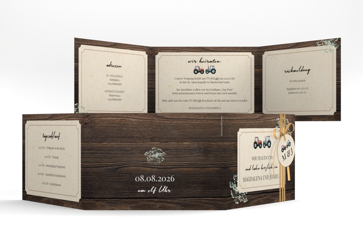 Hochzeitseinladung Bauernhochzeit A6 Doppel-Klappkarte in rustikaler Holz-Optik mit Schleierkraut und zwei kleinen Traktoren