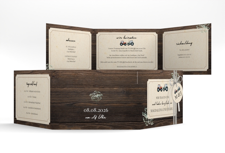 Hochzeitseinladung Bauernhochzeit A6 Doppel-Klappkarte in rustikaler Holz-Optik mit Schleierkraut und zwei kleinen Traktoren