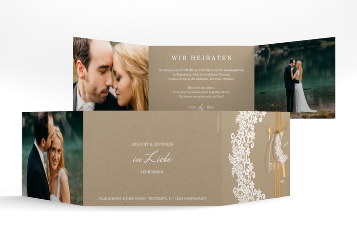 Hochzeitseinladung Mariage A6 Doppel-Klappkarte Kraftpapier hochglanz mit Bogen aus weißer Spitze