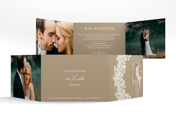 Hochzeitseinladung Mariage A6 Doppel-Klappkarte mit Bogen aus weißer Spitze