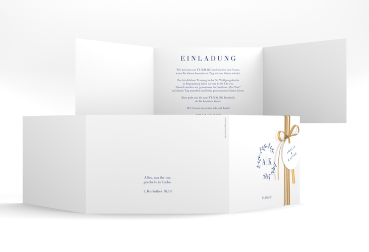 Hochzeitseinladung Filigrana A6 Doppel-Klappkarte blau hochglanz in reduziertem Design mit Initialen und zartem Blätterkranz