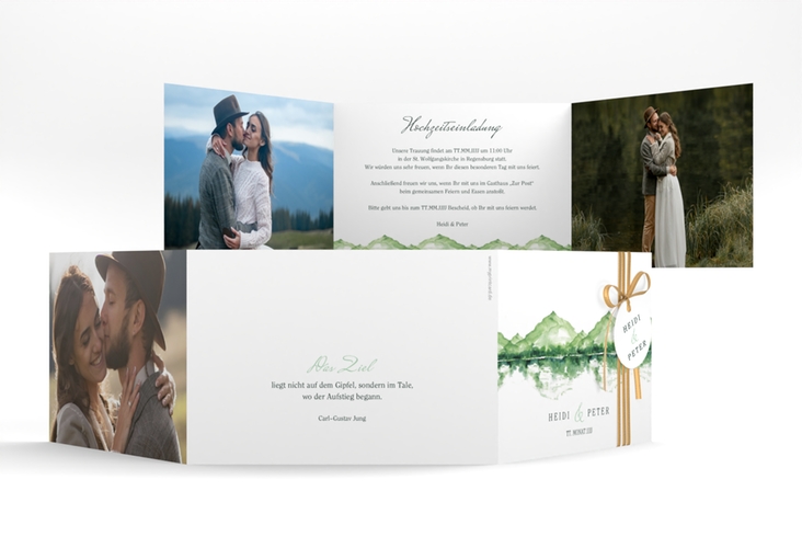 Hochzeitseinladung Bergliebe A6 Doppel-Klappkarte gruen mit Gebirgspanorama für Berghochzeit