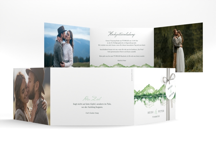 Hochzeitseinladung Bergliebe A6 Doppel-Klappkarte gruen mit Gebirgspanorama für Berghochzeit