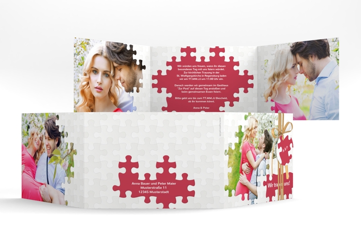 Hochzeitseinladung Puzzle A6 Doppel-Klappkarte rot