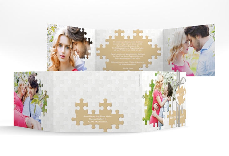 Hochzeitseinladung Puzzle A6 Doppel-Klappkarte beige hochglanz