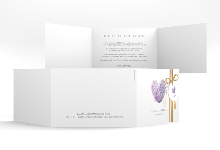Hochzeitseinladung Fingerprint A6 Doppel-Klappkarte lila hochglanz schlicht mit Fingerabdruck-Motiv