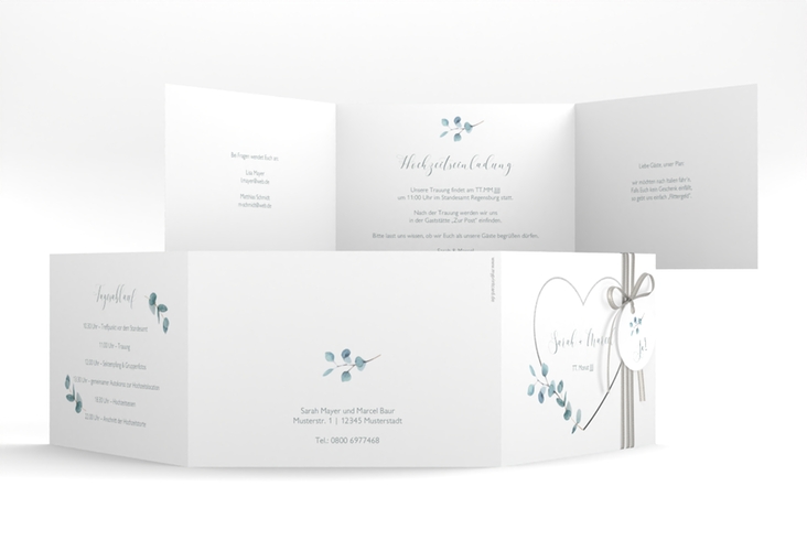 Hochzeitseinladung Greenheart A6 Doppel-Klappkarte hochglanz mit elegantem Herz und Eukalyptus-Zweig
