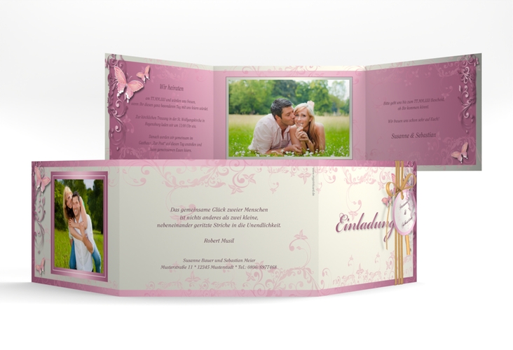 Hochzeitseinladung Toulouse A6 Doppel-Klappkarte rosa hochglanz
