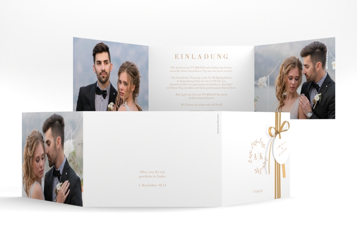 Hochzeitseinladung Filigrana A6 Doppel-Klappkarte beige in reduziertem Design mit Initialen und zartem Blätterkranz