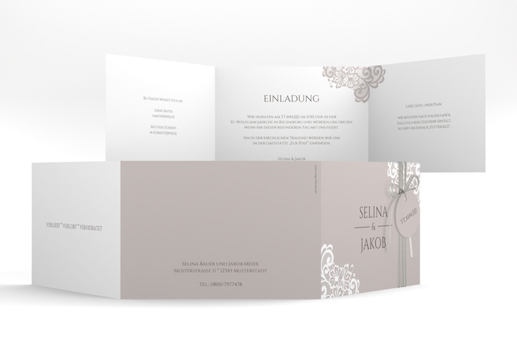 Hochzeitseinladung Vintage A6 Doppel-Klappkarte grau mit floraler Spitze