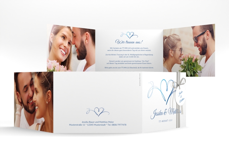 Hochzeitseinladung Envie A6 Doppel-Klappkarte blau hochglanz