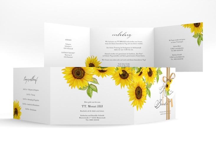 Hochzeitseinladung Sonnenblume A6 Doppel-Klappkarte weiss