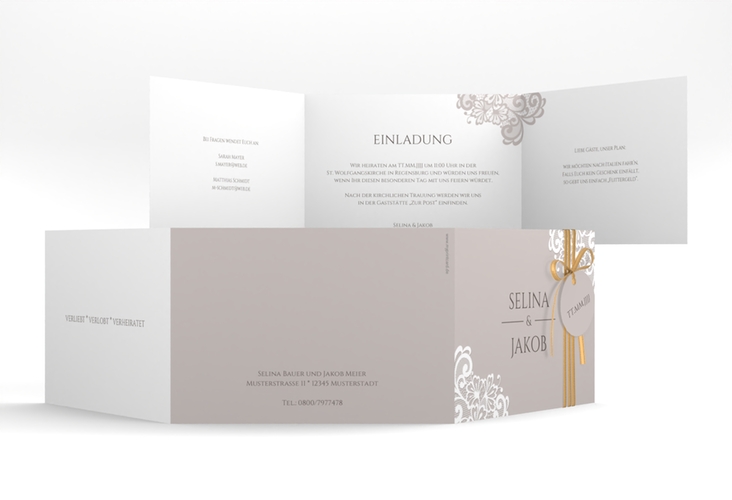 Hochzeitseinladung Vintage A6 Doppel-Klappkarte grau mit floraler Spitze