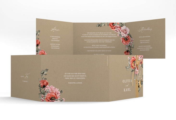 Hochzeitseinladung Grazioso A6 Doppel-Klappkarte Kraftpapier modern mit Mohnblumen und Rosen