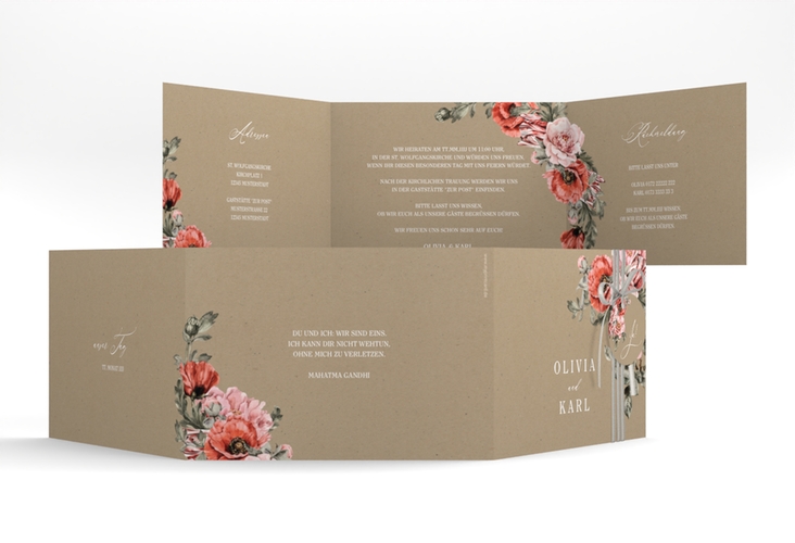 Hochzeitseinladung Grazioso A6 Doppel-Klappkarte Kraftpapier modern mit Mohnblumen und Rosen