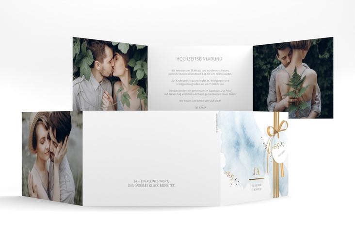 Hochzeitseinladung Pastell A6 Doppel-Klappkarte blau hochglanz