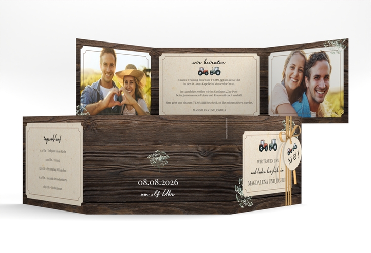 Hochzeitseinladung Bauernhochzeit A6 Doppel-Klappkarte in rustikaler Holz-Optik mit Schleierkraut und zwei kleinen Traktoren