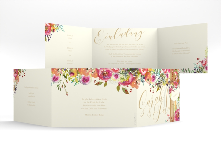 Hochzeitseinladung Flowerbomb A6 Doppel-Klappkarte beige