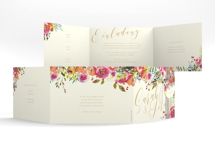 Hochzeitseinladung Flowerbomb A6 Doppel-Klappkarte beige