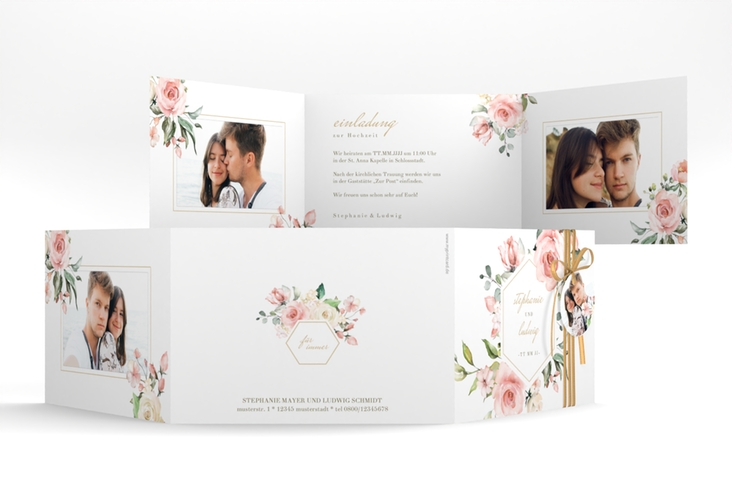 Hochzeitseinladung Graceful A6 Doppel-Klappkarte weiss hochglanz mit Rosenblüten in Rosa und Weiß